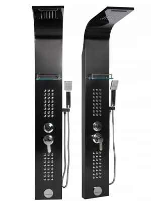 Bezpečná Platba Sprchový panel PIOGGIA 5v1 - s výtokem do vany a policí - černý lesklý