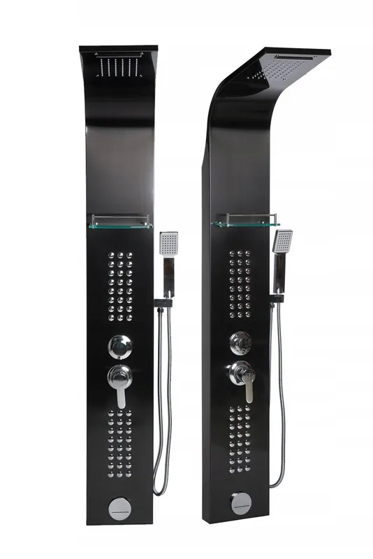 Bezpečná Platba Sprchový panel PIOGGIA 5v1 - s výtokem do vany a policí - černý lesklý