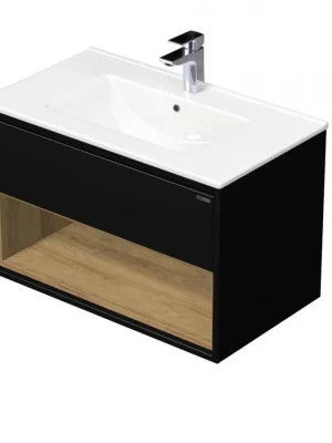 Aktuální EMMY 60 cm černá/dub s jednou zásuvkou a otevřenou nikou s umyvadlem Sistema (A3686/H3730)