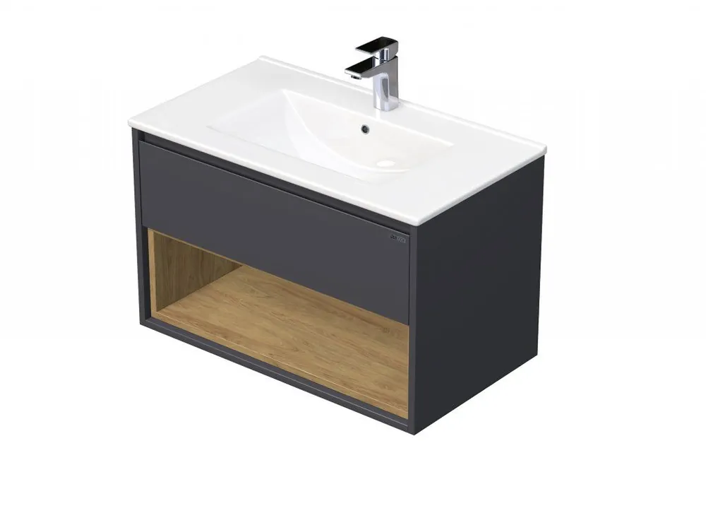 Zlevněný EMMY 60 cm šedá/dub s jednou zásuvkou a otevřenou nikou s umyvadlem Sistema (A4706/H3730)