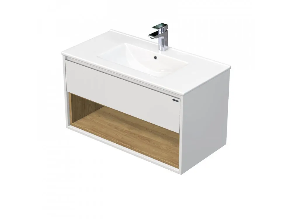 Jen Po Omezenou Doba EMMY 60 cm bílá/dub s jednou zásuvkou a otevřenou nikou s umyvadlem Sistema  (A0536/H3730)