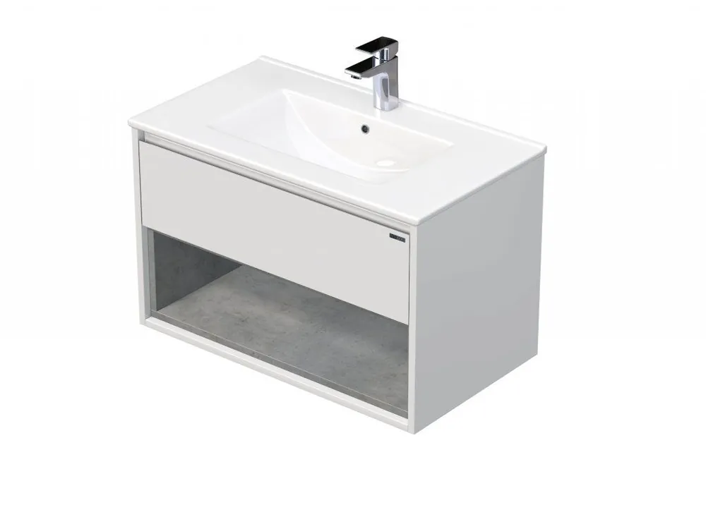 EMMY 60 cm bílá/beton s jednou zásuvkou a otevřenou nikou s umyvadlem Sistema  (A0536/F186) Nejprodávanější