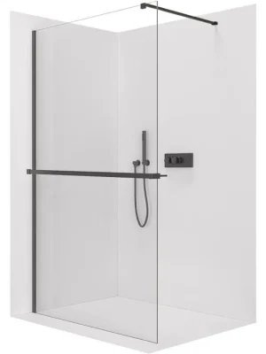 Akce CERANO - Sprchová zástěna Walk-in Onyx Cube L/P - 10 mm - hranatá vzpěra + polička/držák na ručníky - černá matná, transparentní sklo - 120x200 cm