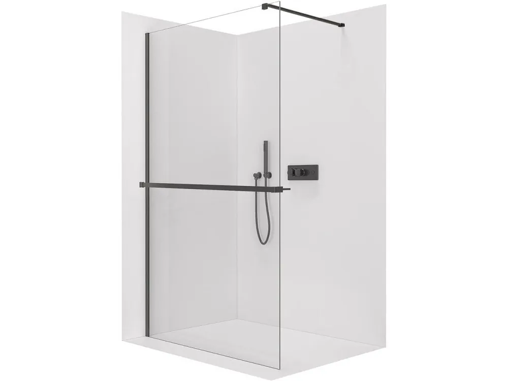 Akce CERANO - Sprchová zástěna Walk-in Onyx Cube L/P - 10 mm - hranatá vzpěra + polička/držák na ručníky - černá matná, transparentní sklo - 120x200 cm
