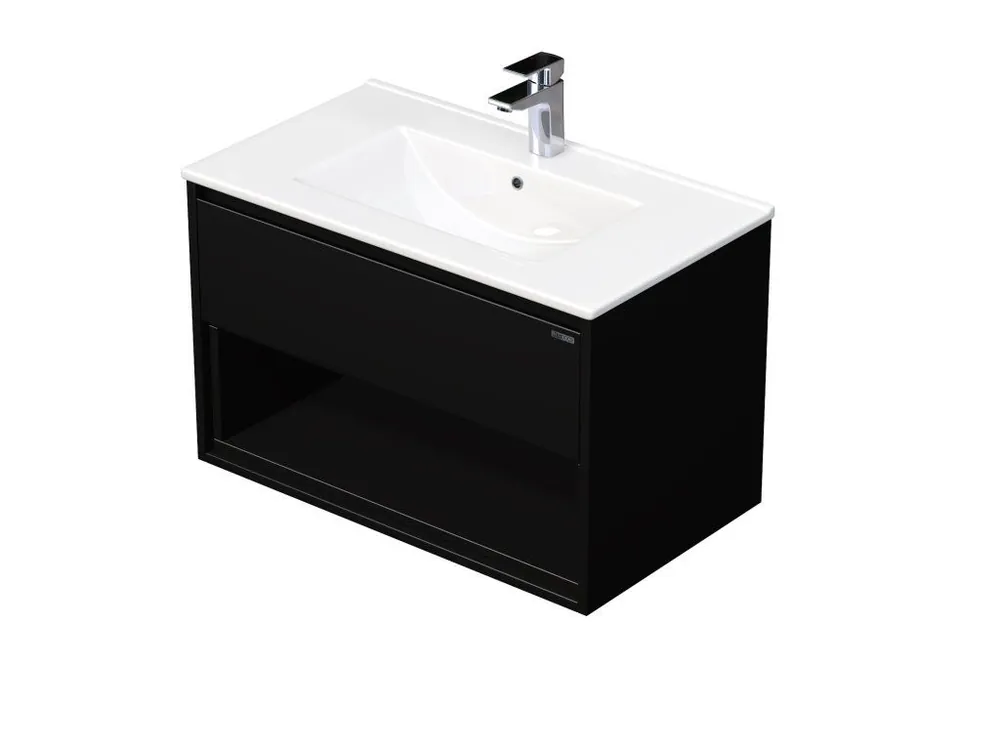 Značkový EMMY 80 cm černá/černá s jednou zásuvkou a otevřenou nikou, včetně umyvadla AS (A3686/A3686)