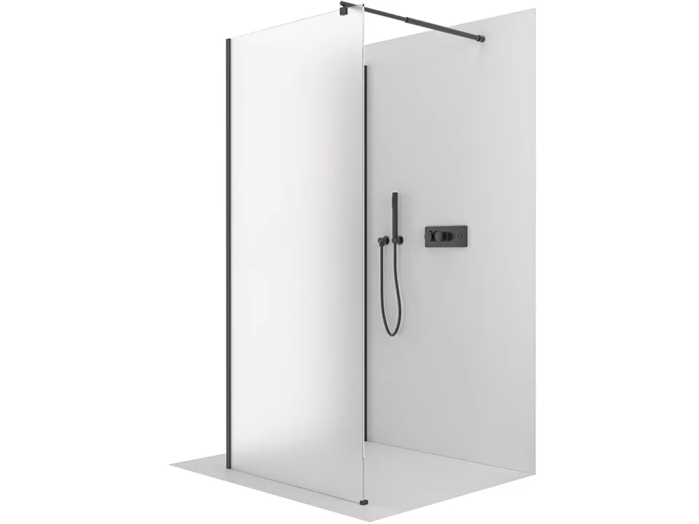 Značkový CERANO - Sprchová zástěna Walk-in Onyx Corner Round L/P - 8 mm - kulatá vzpěra - černá matná, mléčné sklo - 120x110x200 cm