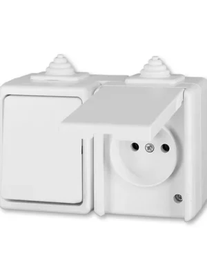 ABB Praktik 3932-20062 B Kombinace přepínače střídavého a zásuvky s ochranným kolíkem a víčkem, IP 44, bílá vhodné na dřevo bez podložky Akce