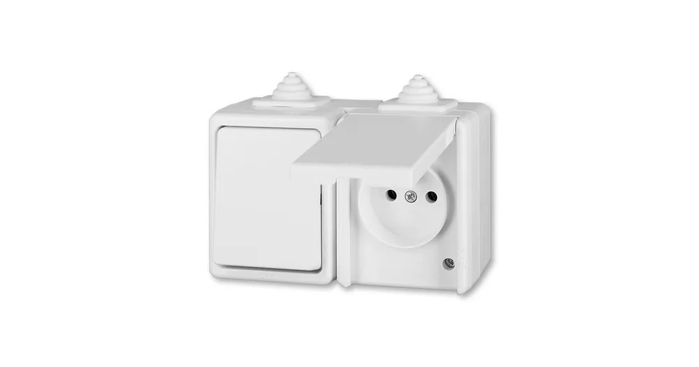 ABB Praktik 3932-20062 B Kombinace přepínače střídavého a zásuvky s ochranným kolíkem a víčkem, IP 44, bílá vhodné na dřevo bez podložky Akce
