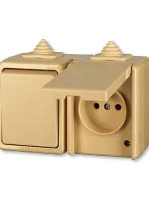 ABB Praktik 3932-20062 D Kombinace přepínače střídavého a zásuvky s ochranným kolíkem a víčkem, IP 44, béžová vhodné na dřevo bez podložky Značkový