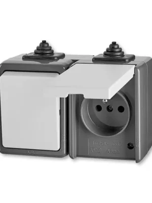 ABB Praktik 3932-20062 S Kombinace přepínače střídavého a zásuvky s ochranným kolíkem a víčkem, IP 44, šedá vhodné na dřevo bez podložky Poslední Šance