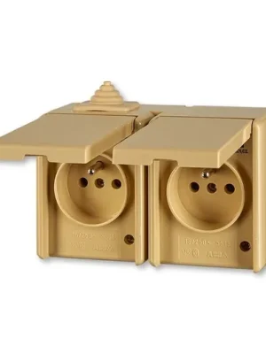 ABB Praktik 5518-2029 D Zásuvka dvojnásobná IP 44, s ochrannými kolíky, s víčky, béžová vhodné na dřevo bez podložky Aktuální