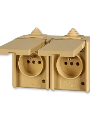 ABB Praktik 5518-2069 D Zásuvka dvojnásobná IP 44, s ochrannými kolíky, s víčky, béžová vhodné na dřevo bez podložky Vysoce Kvalitní