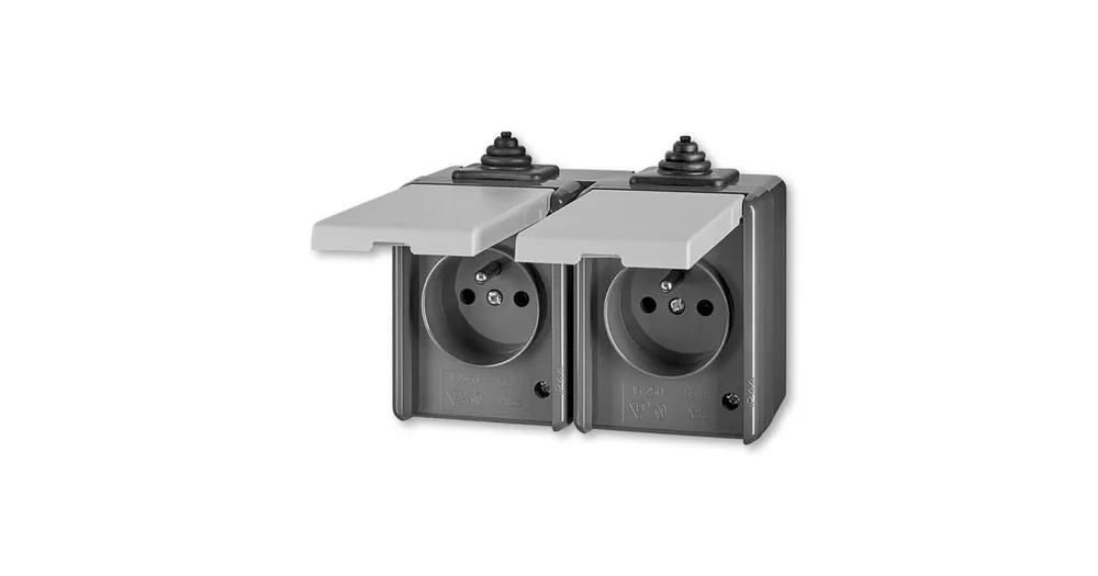 ABB Praktik 5518-2069 S Zásuvka dvojnásobná IP 44, s ochrannými kolíky, s víčky, šedá vhodné na dřevo bez podložky Nová Kolekce