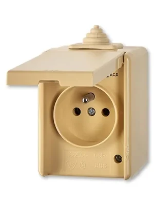 ABB Praktik 5518-2929 D Zásuvka jednonásobná IP 44, s ochranným kolíkem, s víčkem, béžová vhodné na dřevo bez podložky Must-Have