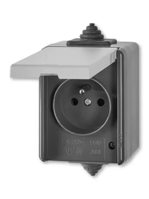 ABB Praktik 5518-2969 S Zásuvka jednonásobná IP 44, s ochranným kolíkem, s víčkem, šedá vhodné na dřevo bez podložky Nová Kolekce