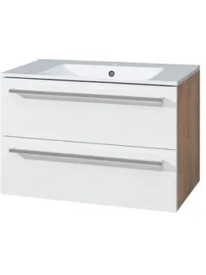 MEREO | BINO | skř&iacute;ňka s keramick&yacute;m umyvadlem | z&aacute;věsn&aacute; | 81cm | 2 z&aacute;suvky | b&iacute;l&aacute;/dub Výhodná Nabídka