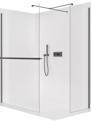 Akce CERANO - Sprchová zástěna Walk-in Onyx T L/P - 8 mm - hranatá vzpěra + polička/držák na ručníky - černá matná, transparentní sklo - 150x40x200 cm