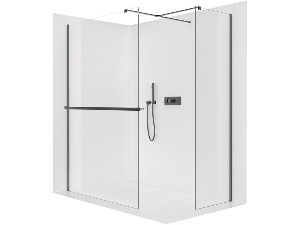 Akce CERANO - Sprchová zástěna Walk-in Onyx T L/P - 8 mm - hranatá vzpěra + polička/držák na ručníky - černá matná, transparentní sklo - 150x40x200 cm
