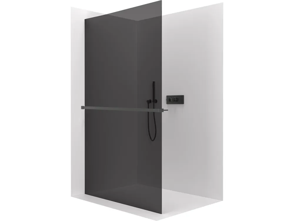 Akce CERANO - Sprchová zástěna Walk-in Crystal L/P - 10 mm + polička/držák na ručníky - bezvzpěrový systém - černá matná, grafitové sklo - 140x200 cm