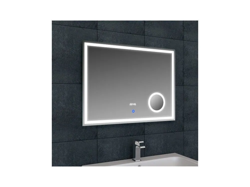 LED zrcadlo LUMI 80x60 cm s hodinami a kosmetickým zrcátkem Cenově Výhodný