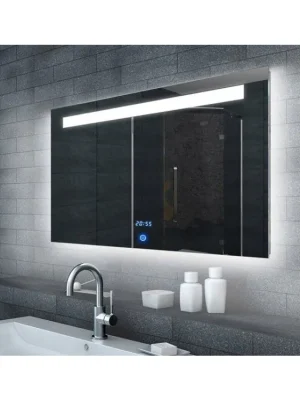 Výprodej LED zrcadlo MALENA 100x65 cm s hodinami a horním osvětlením