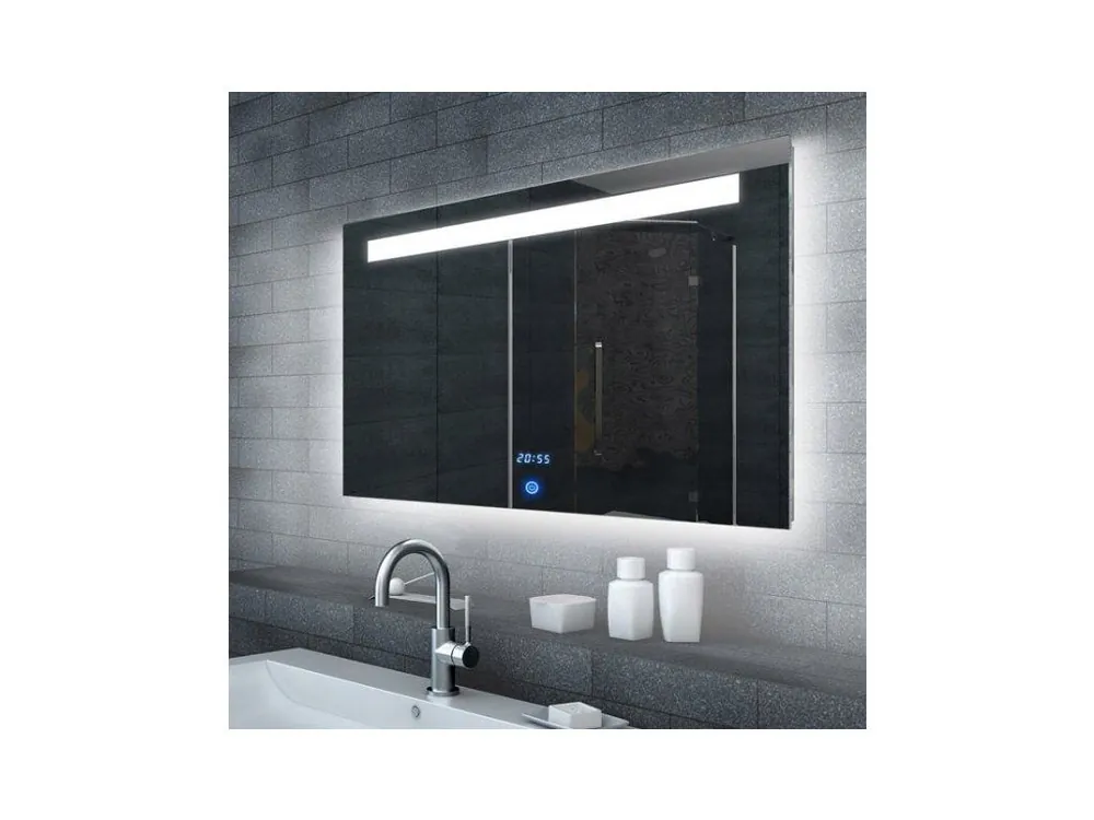 Výprodej LED zrcadlo MALENA 100x65 cm s hodinami a horním osvětlením