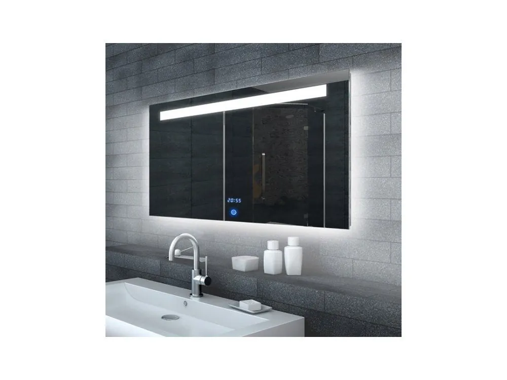 LED zrcadlo MALENA 120x65 cm s hodinami a horním osvětlením Poslední Šance