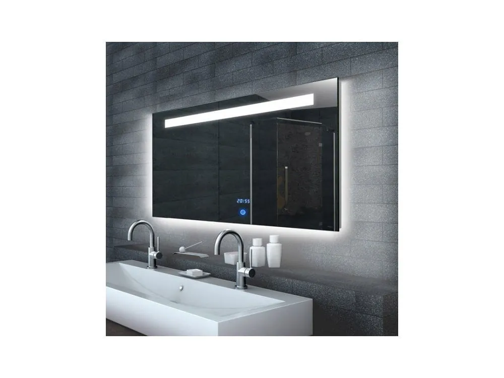 LED zrcadlo MALENA 140x65 cm s hodinami a horním osvětlením Koupit Online